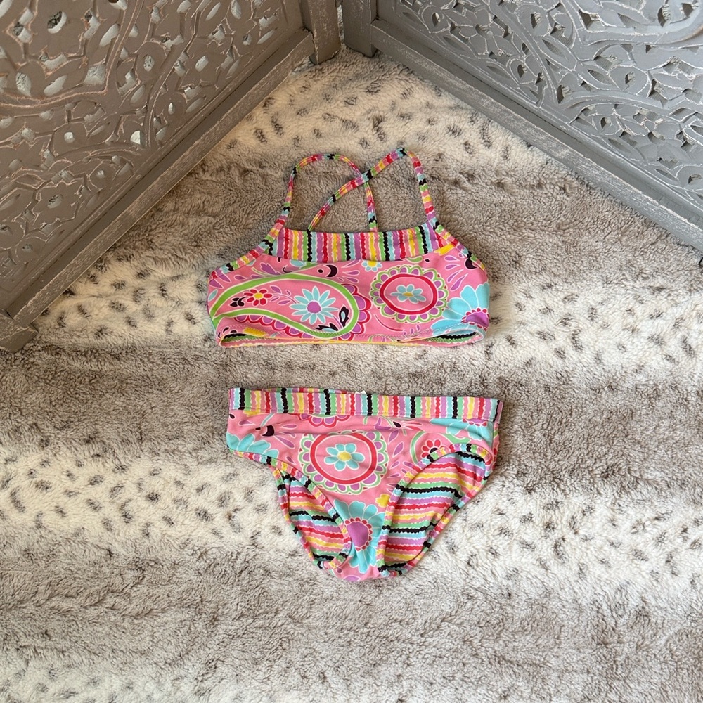 Hanna Andersson reversible bikini girls 5 tropical floral rainbow stripes beach